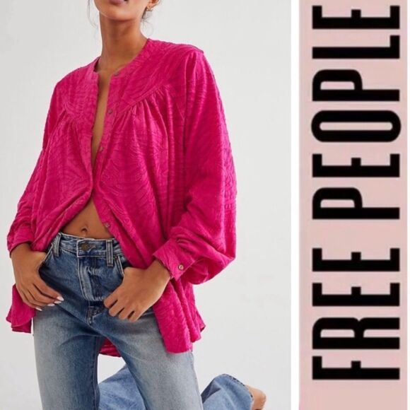 Free People Bright Pink Can't Stop Dreaming Tunic button up blouse oversized S - Picture 1 of 14